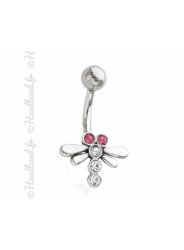 Piercing nombril libellule strass rose