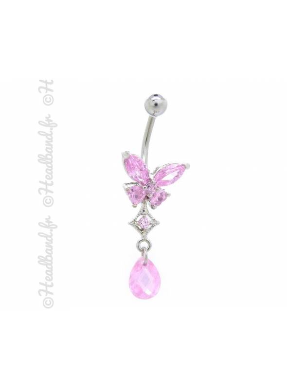 Piercing nombril butterfly strass rose