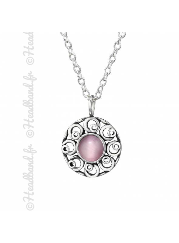 Collier pierre oeil de chat rose argent massif