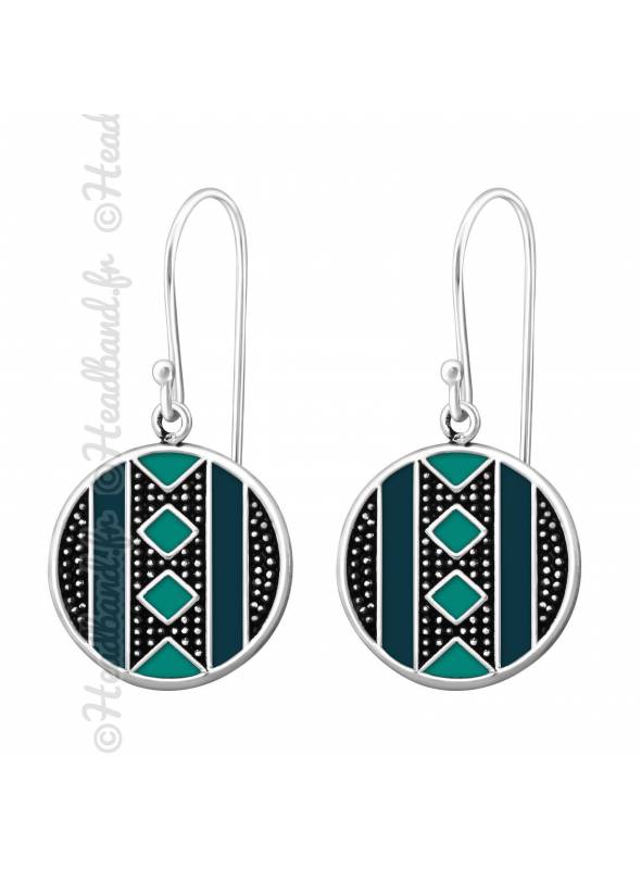 Boucles d'oreilles motifs epoxy vert argent 925