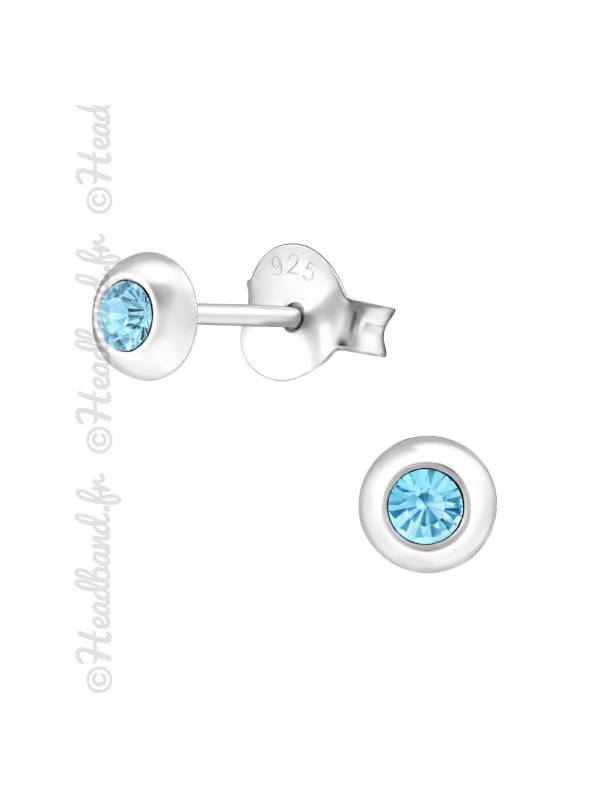 Clous d'oreilles argent 925 stud rond Swarovski aquamarine