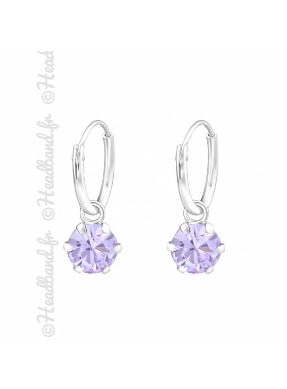 Créoles argent massif stud rond Swarovski violet