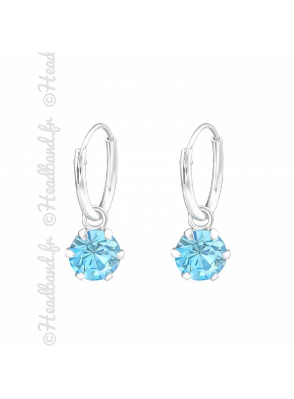 Créoles argent massif stud rond Swarovski aquamarine