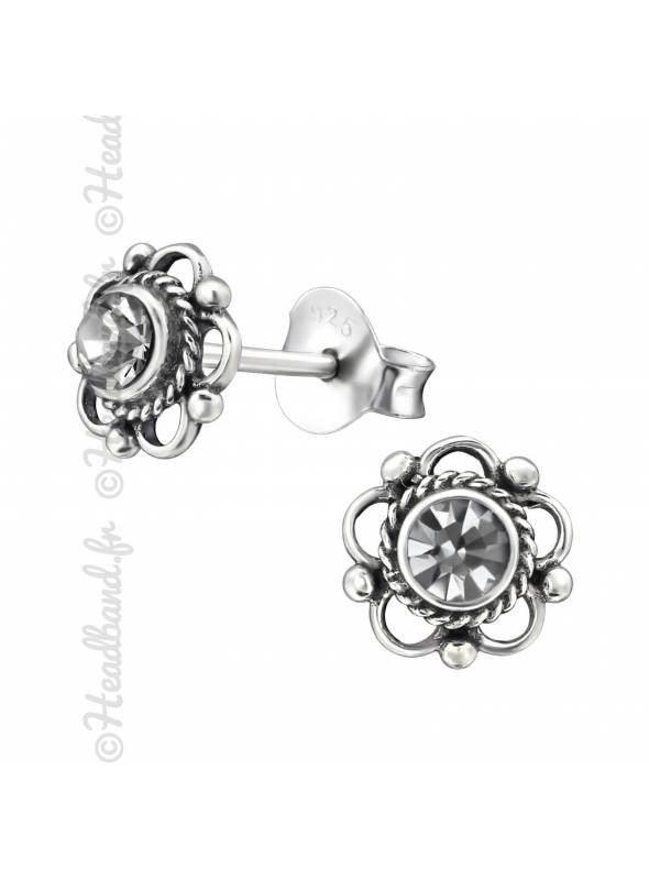 Clous d'oreilles fleur avec cristal Swarovski black diamond