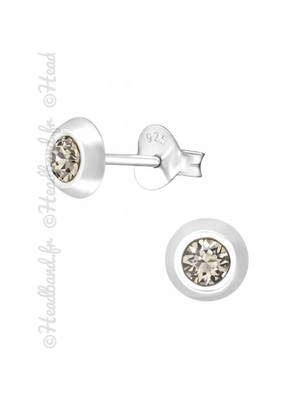 Clous d'oreilles argent 925 cristal Swarovski® rond greige