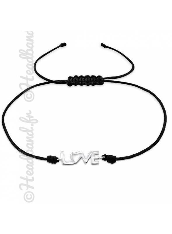 Bracelet cordon noir inscription love argent