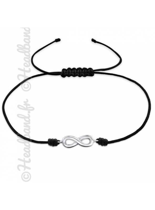 Bracelet cordon noir signe infini argent