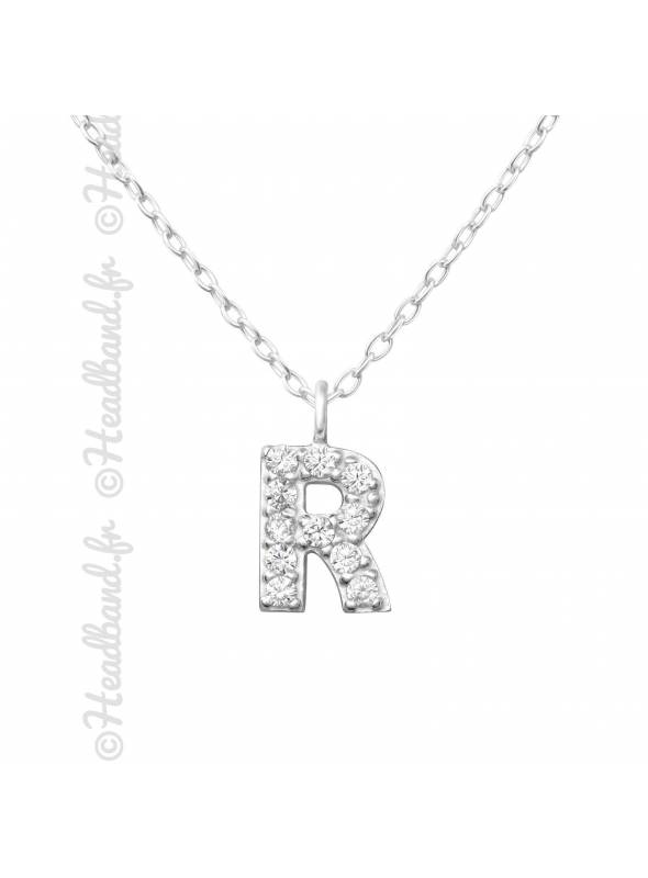 Collier argent strass zirconium lettre R