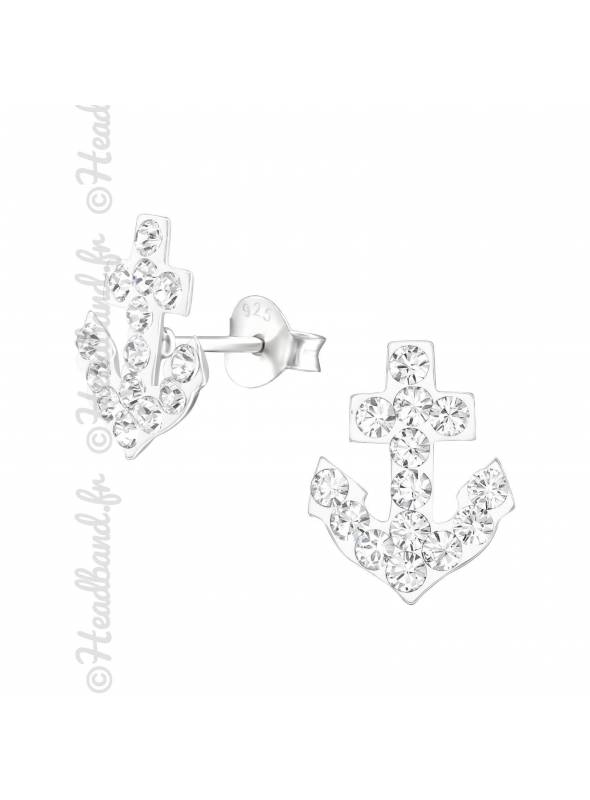 Clous d'oreilles ancre marine cristaux Swarovski® blanc