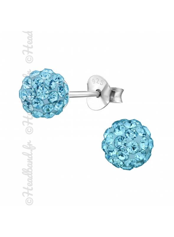 Clous d'oreilles boule strass aqua argent 925