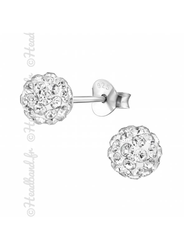 Clous d'oreilles boule strass blanc argent 925