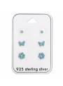 3 clous d'oreilles enfant strass papillon fleur bleu argent