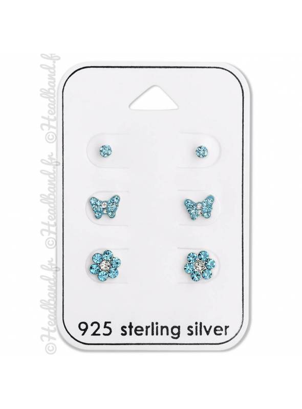 3 clous d'oreilles enfant strass papillon fleur bleu argent