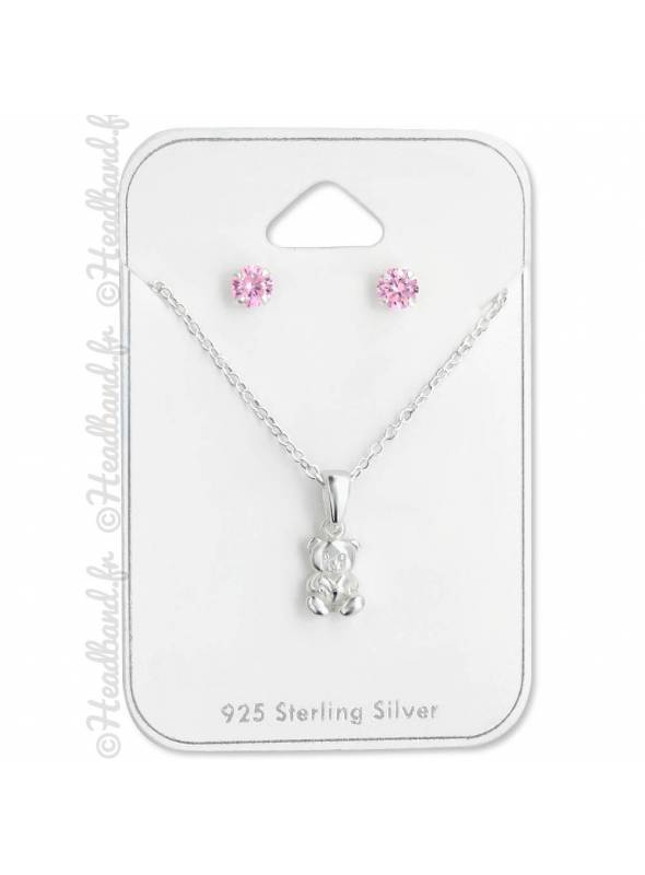 Parure collier et boucles nounours enfant argent 925