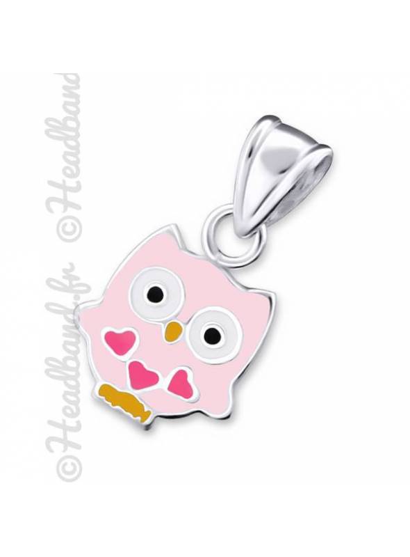 Pendentif enfant chouette émail rose argent 925