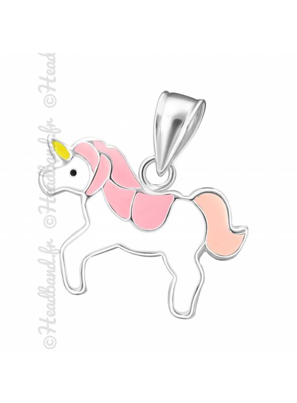 Pendentif enfant licorne émail rose argent 925