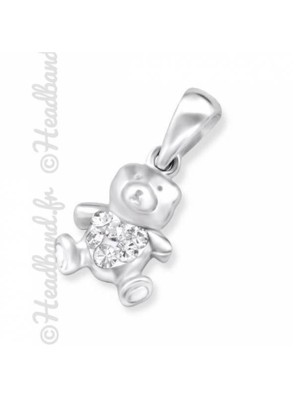 Pendentif enfant nounours strass blanc argent 925