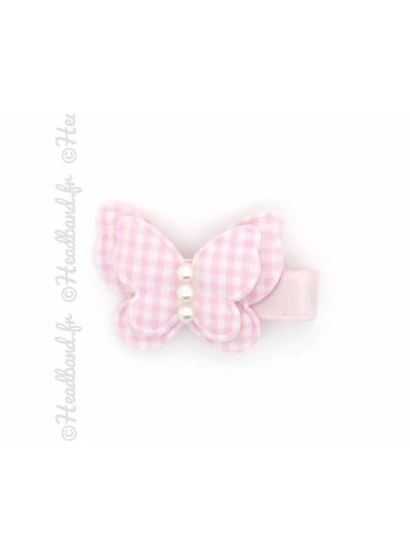 Barrette papillon vichy rose