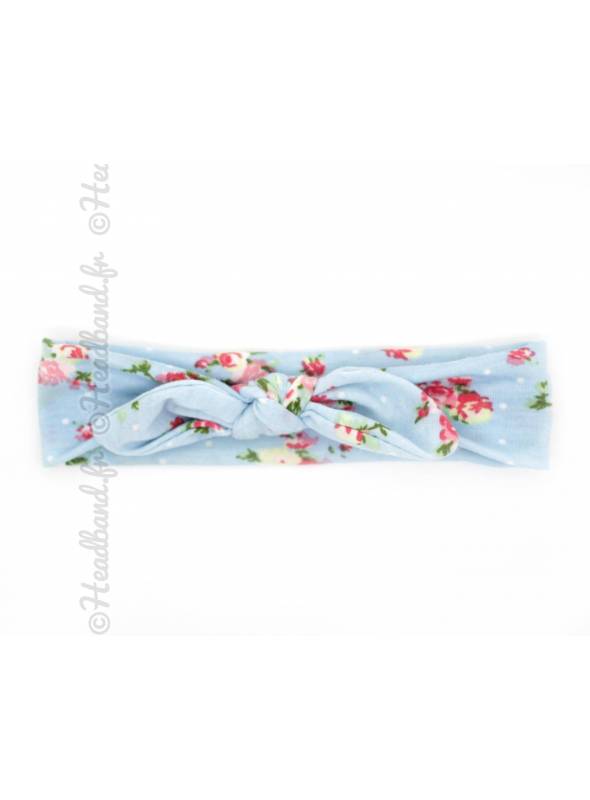 Bandeau noeud bébé fleuri bleu clair