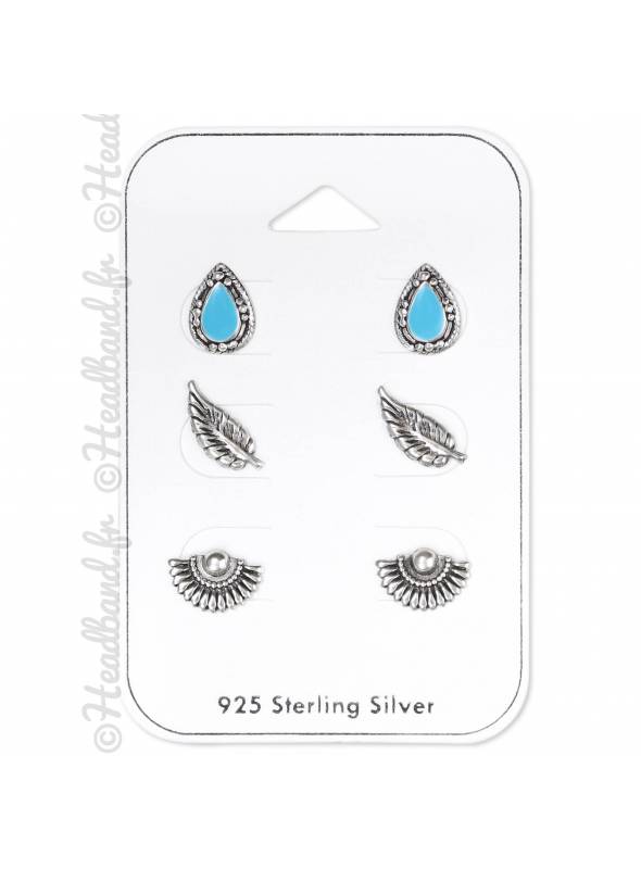 3 clous d'oreilles bali ethniques argent