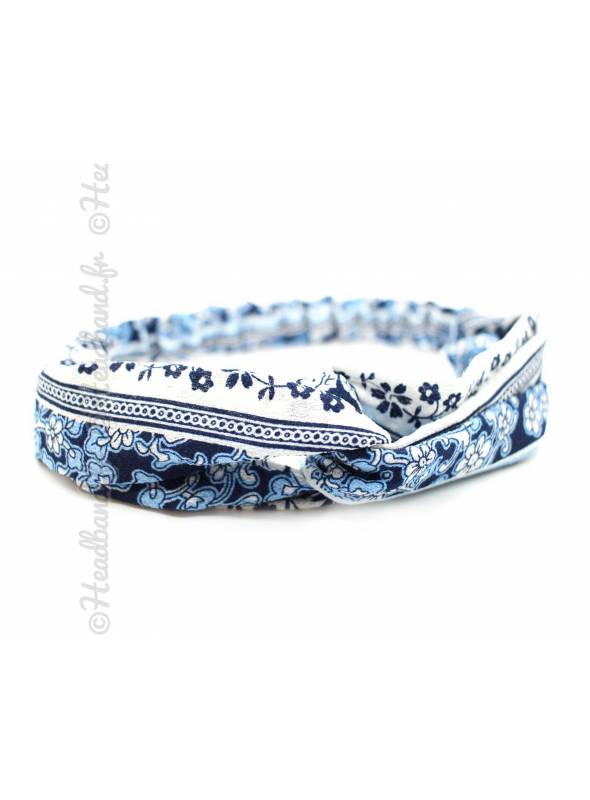 Turban cheveux motif vintage bleu marine