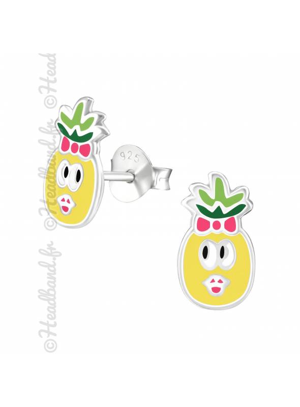 Clous d'oreilles ananas coloré enfant argent