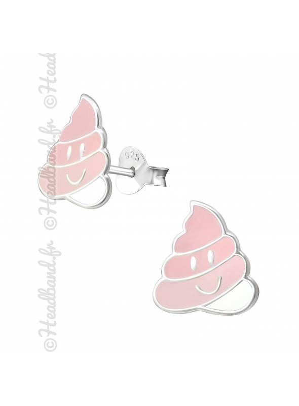 Clous d'oreilles emoji crotte rose argent