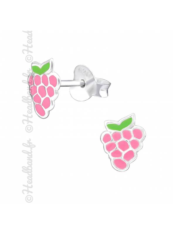 Clous d'oreilles grappe raisin rose argent