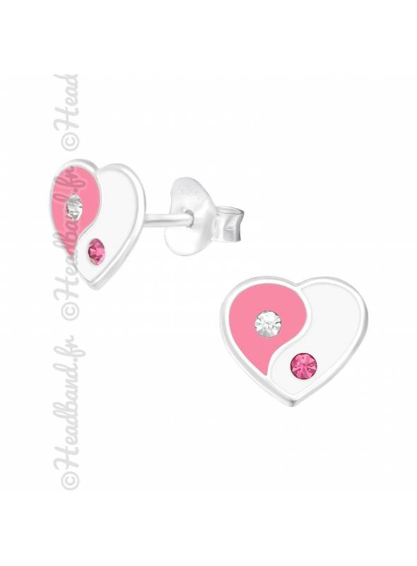 Clous d'oreilles coeur yin yang argent