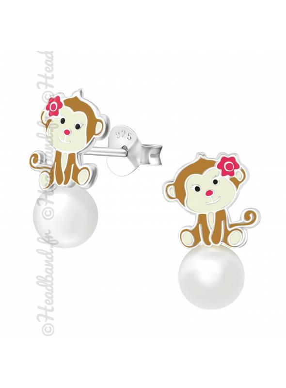 Clous d'oreilles singe perle blanche argent