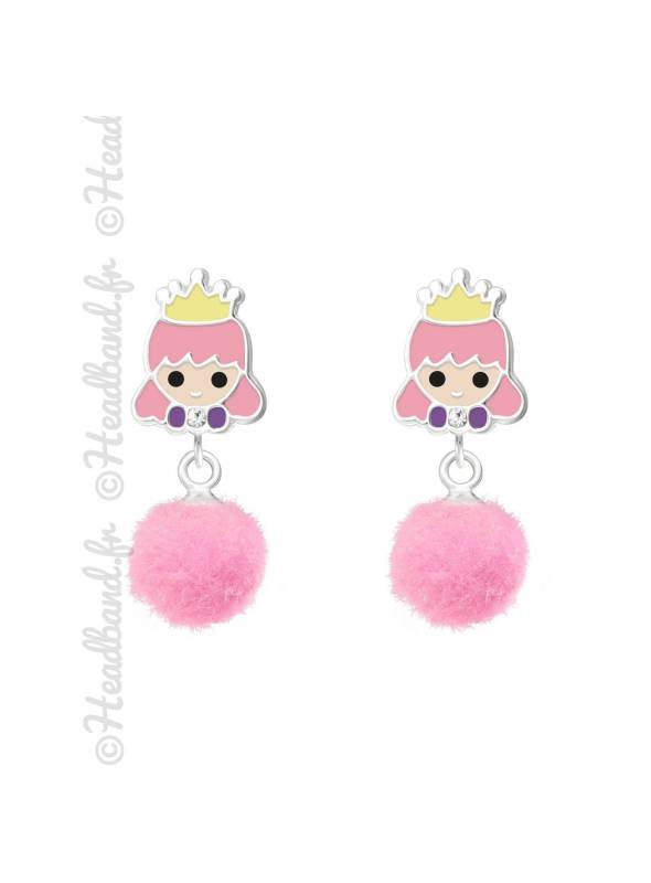 Clous d'oreille princesse pompon rose argent