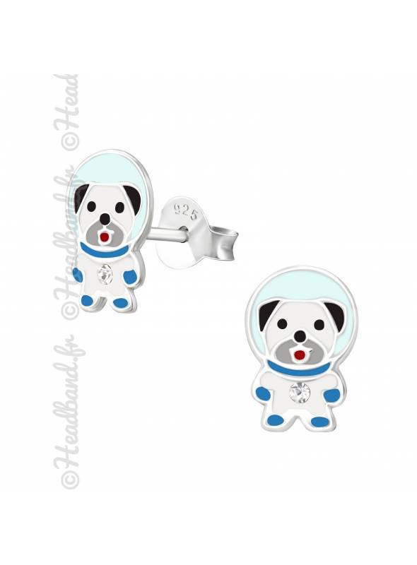 Boucles d'oreille chien astronaute argent