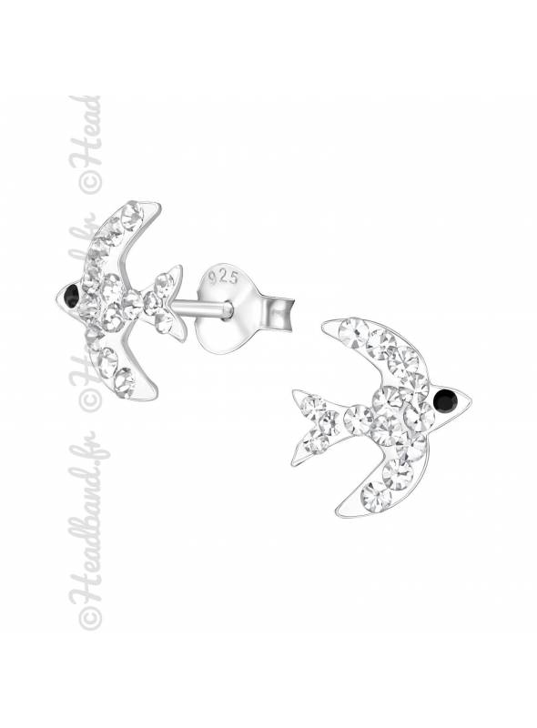 Boucles d'oreille oiseau strass blanc argent