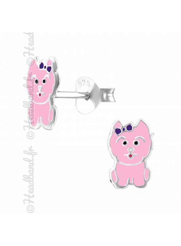 Boucles d'oreille fille chien rose argent