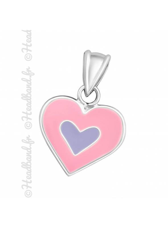 Pendentif coeur bicolore mauve et rose argent