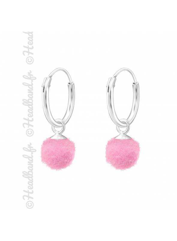 Créoles enfant pompon rose argent 925