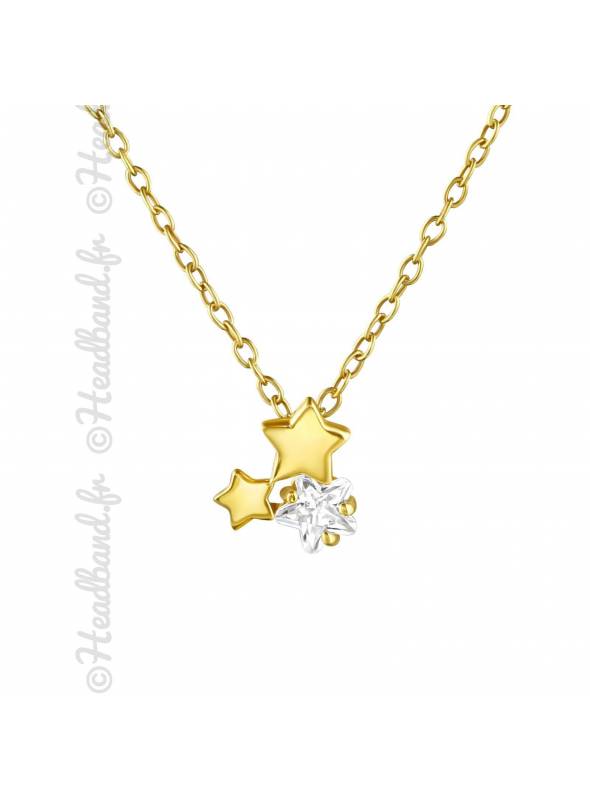 Collier trio étoiles et cristaux plaqué or