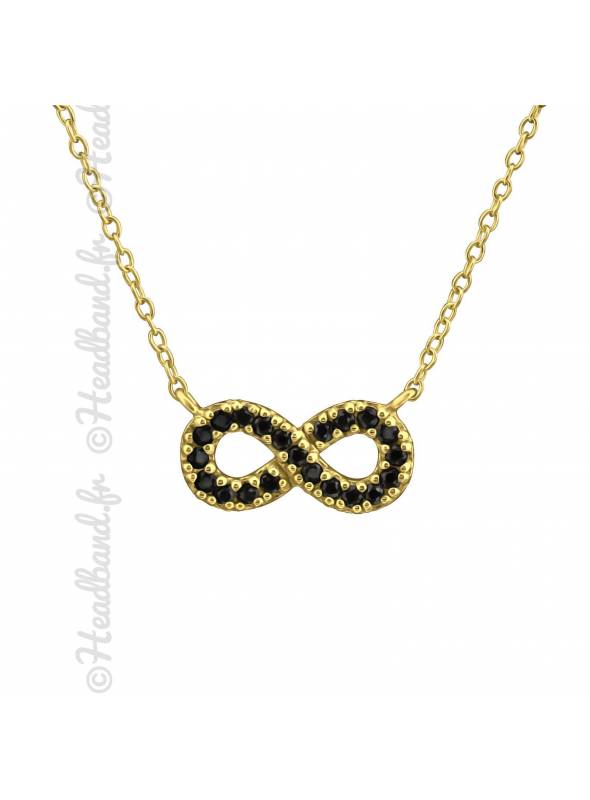 Collier signe infini cristaux noir plaqué or