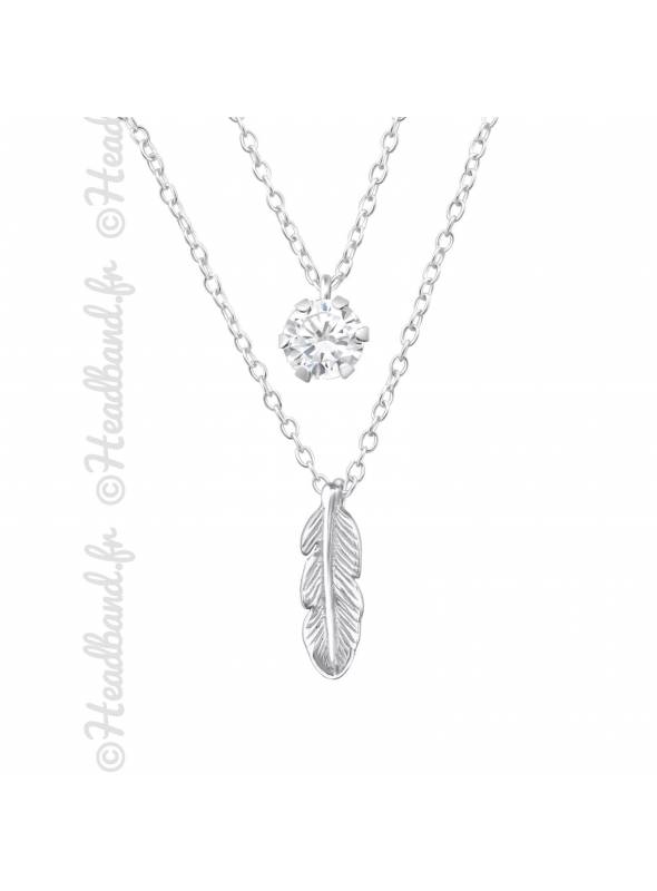 Collier double feuille et cristal argent 925
