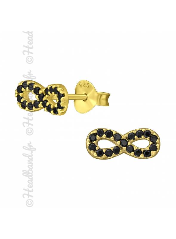 Clous d'oreilles signe infini strass noir plaqué or