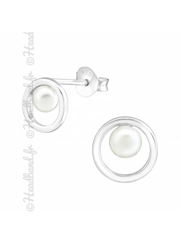 Boucles puces cercle perle blanche en argent