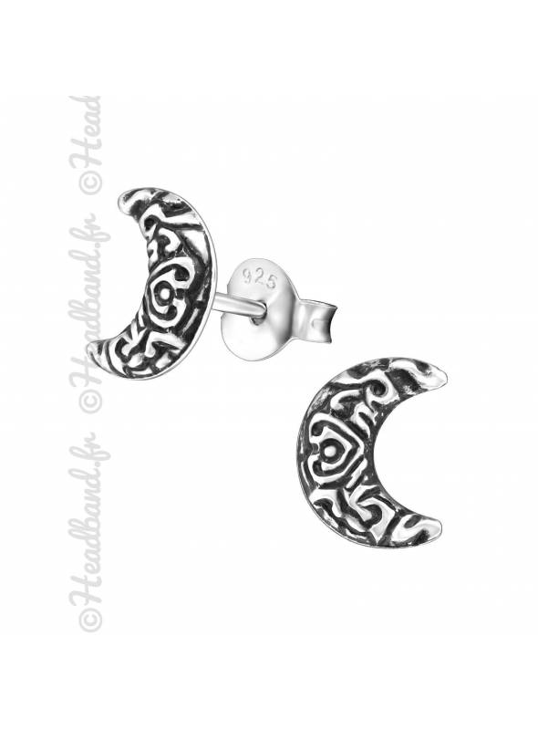 Boucles puces lune motifs ethniques en argent