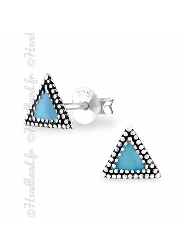 Boucles puces triangle epoxy bleu en argent