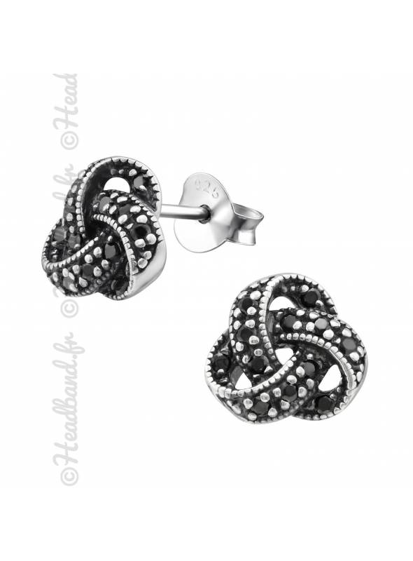 Boucles puces noeud strass noir en argent