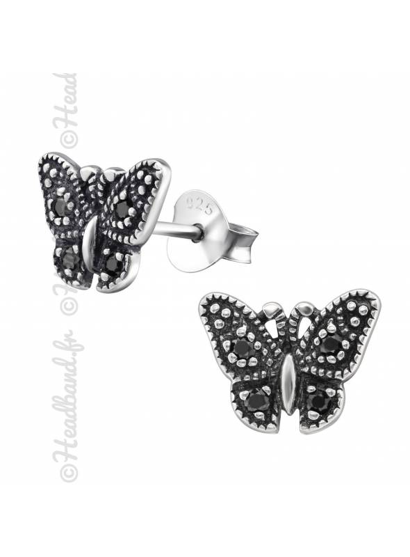 Boucles puces papillon strass noir en argent