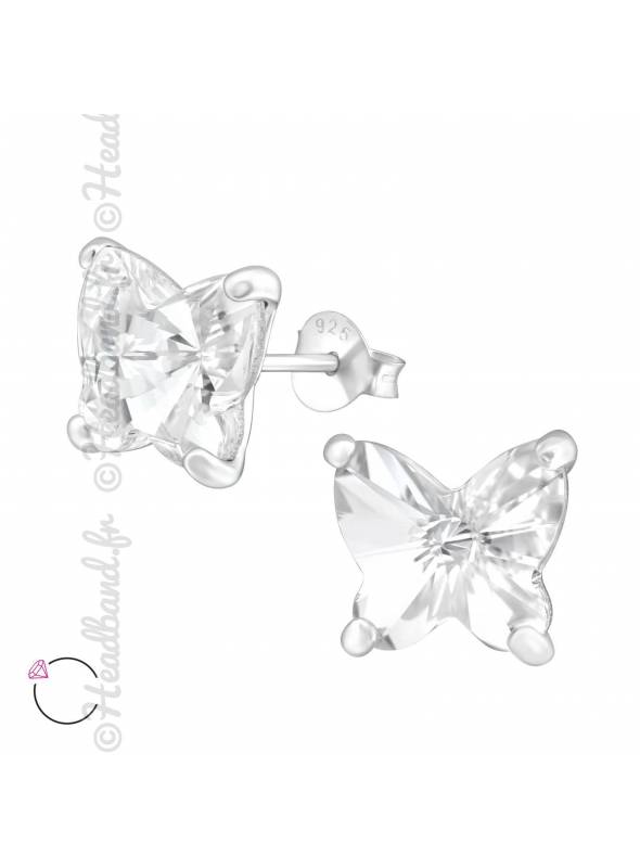 Clous d'oreilles grand papillon avec cristal Swarovski blanc