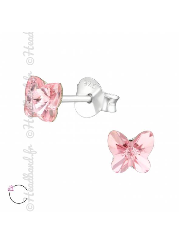 Boucles puces papillon 5 mm avec cristal Swarovski rose
