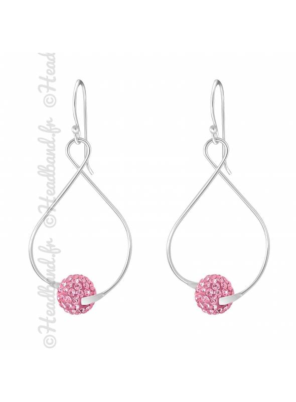 Boucles d'oreilles boule rose cristaux en argent