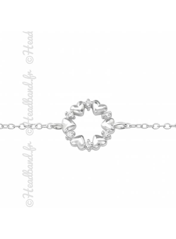 Bracelet coeurs et strass circulaire en argent 925