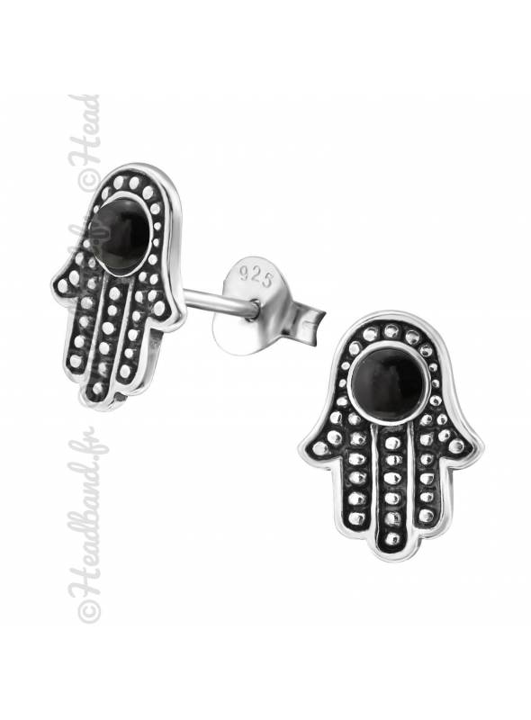 Boucles puces main Fatma avec onyx en argent